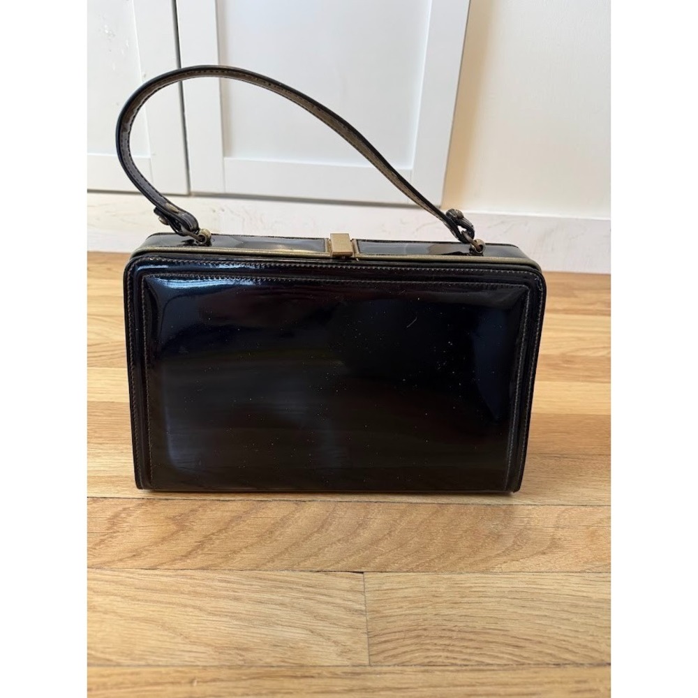 Vintage 50s Verdi Handbag Structured Frame & Handle Black Patent Made in US